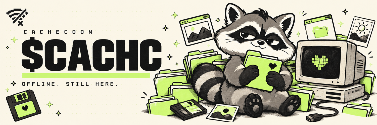 $CACHC: OFFLINE. STILL HERE. A raccoon guards lime memory folders, a retro computer, and a pixel heart.